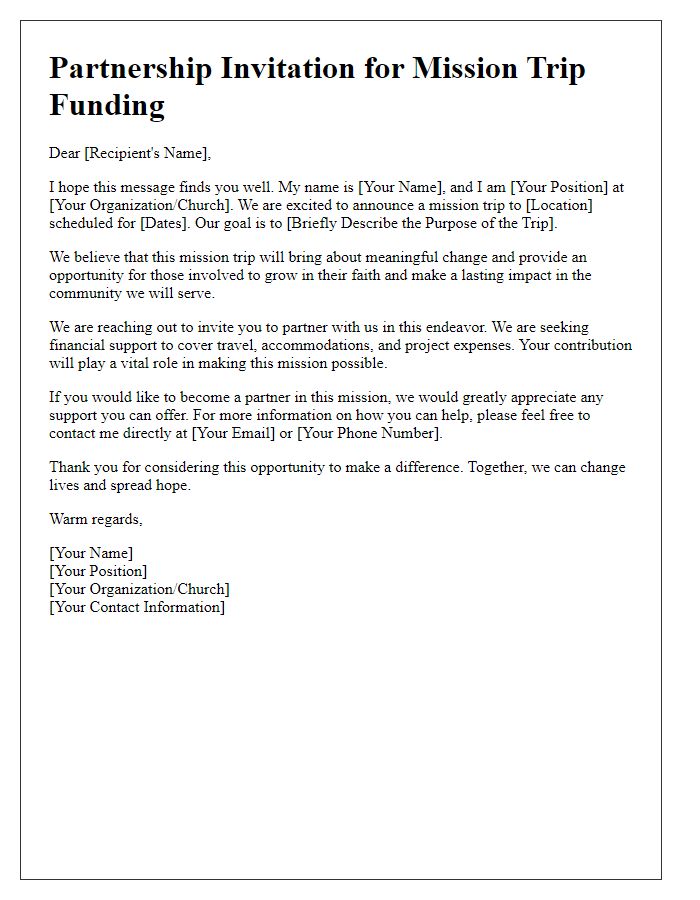 Letter template of partnership invitation for mission trip funding