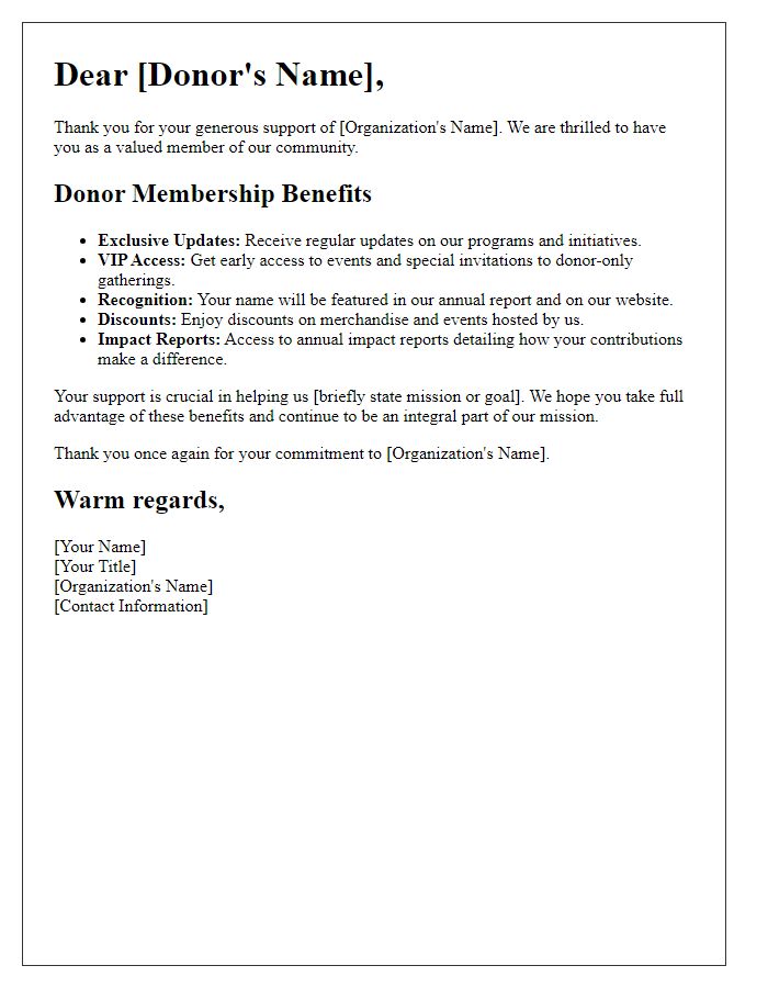 Letter template of donor membership benefits overview.