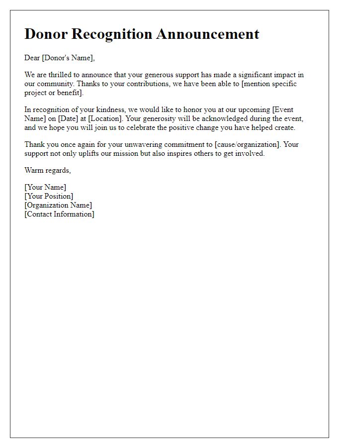 Letter template of donor recognition announcement.