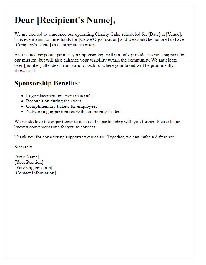 Letter template of corporate sponsorship invitation for charity gala.