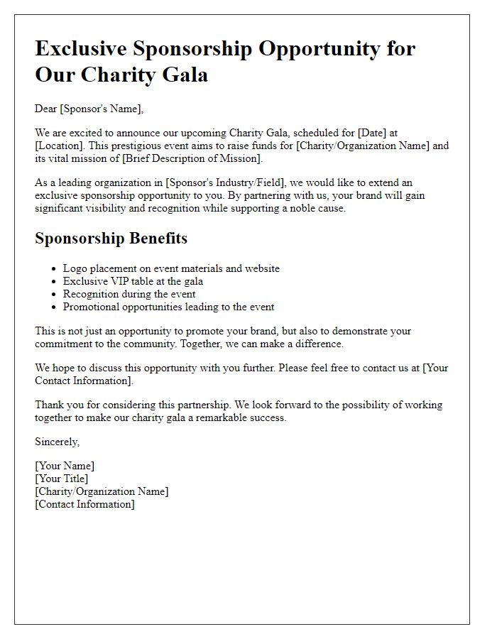 Letter template of exclusive sponsorship opportunity for charity gala.