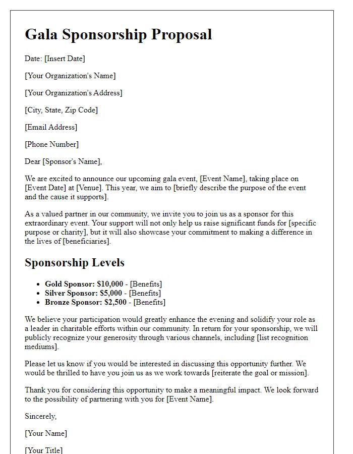 Letter template of gala sponsorship proposal for charitable contributions.