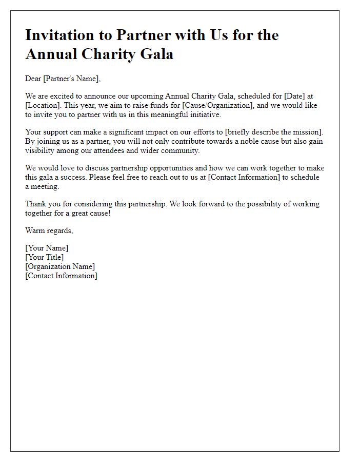 Letter template of partnership invitation for the annual charity gala.