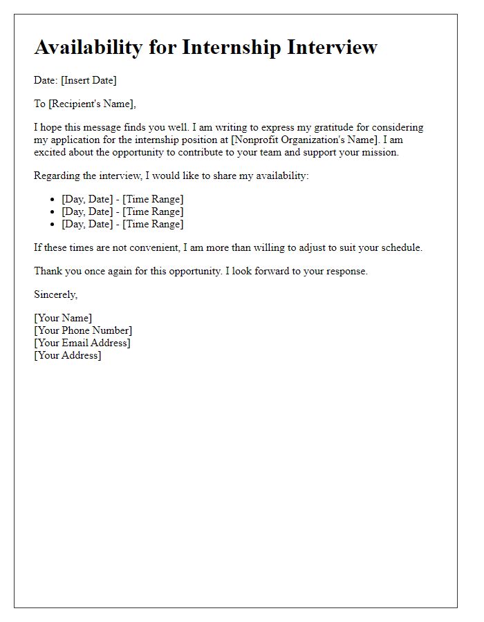 Letter template of availability for nonprofit internship interviews