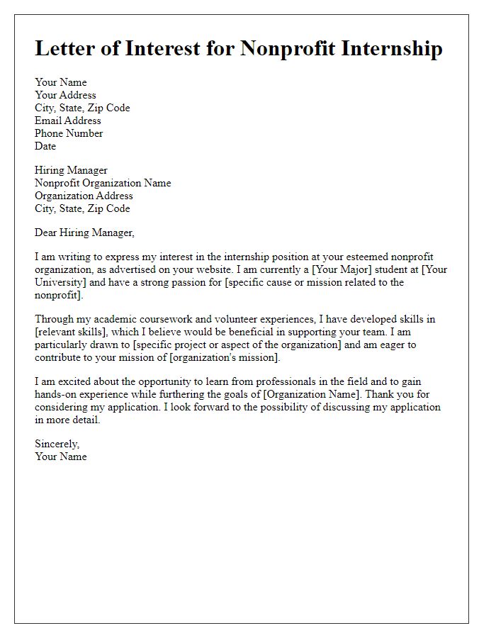 Letter template of interest in nonprofit internship position