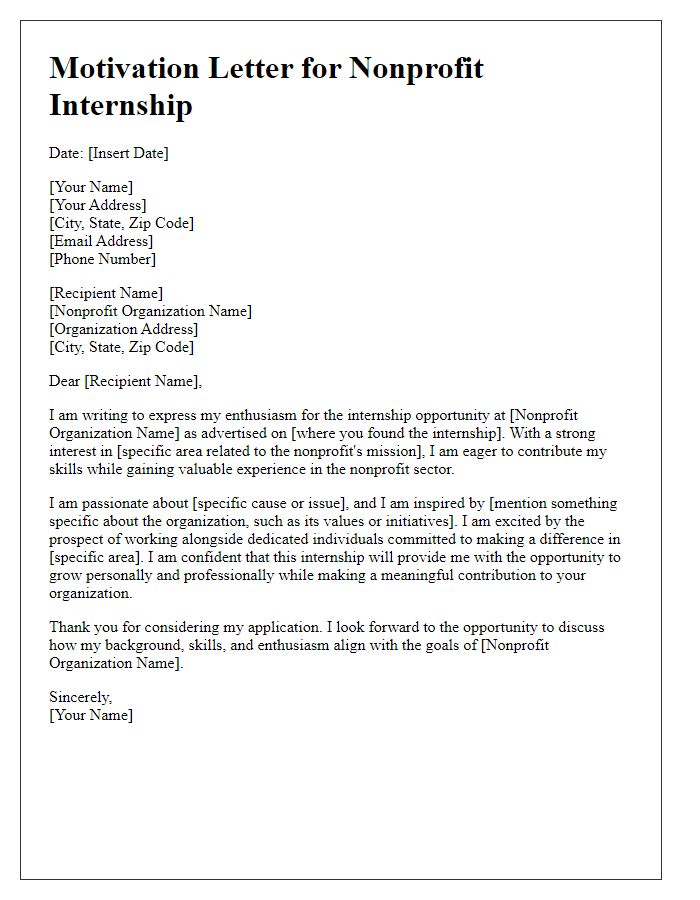 Letter template of motivation for nonprofit internship experience