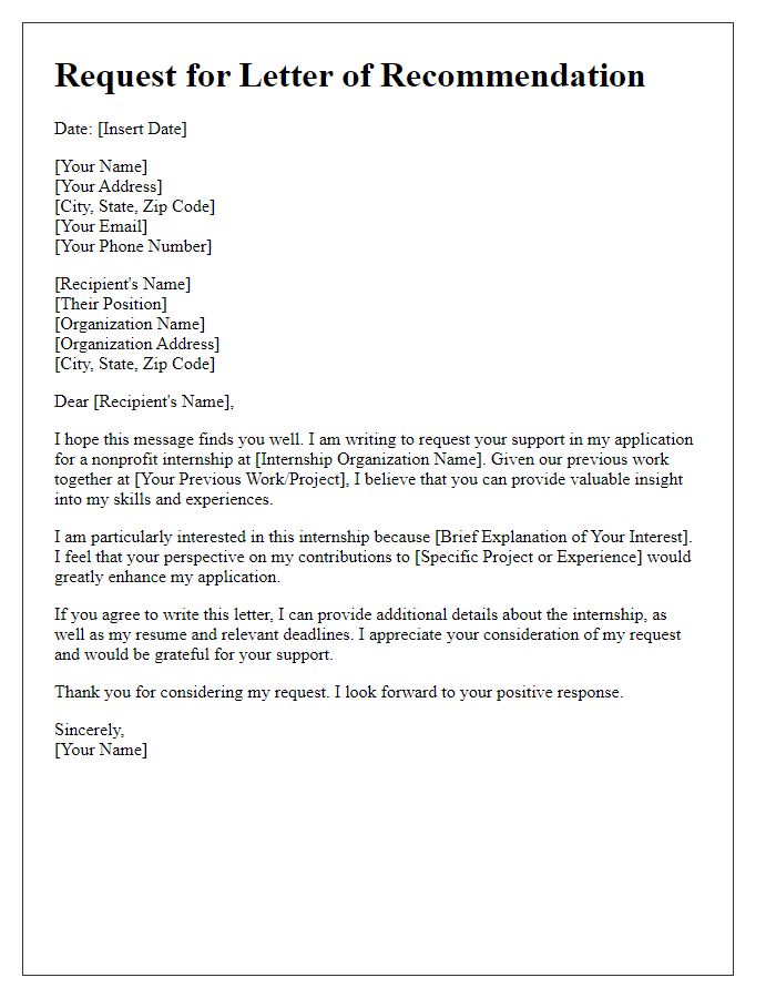 Letter template of recommendation request for nonprofit internship