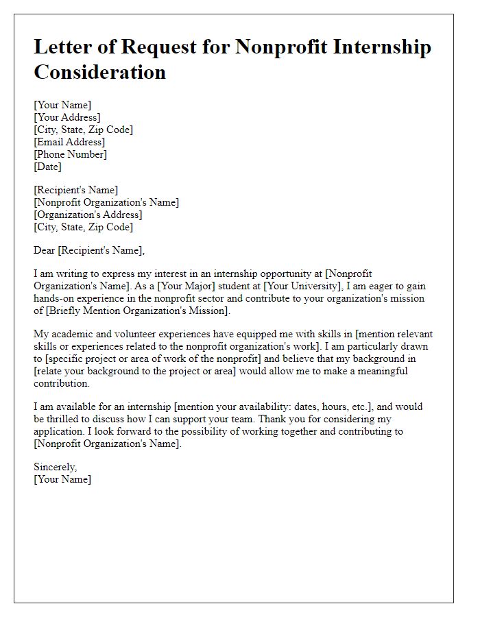 Letter template of request for nonprofit internship consideration