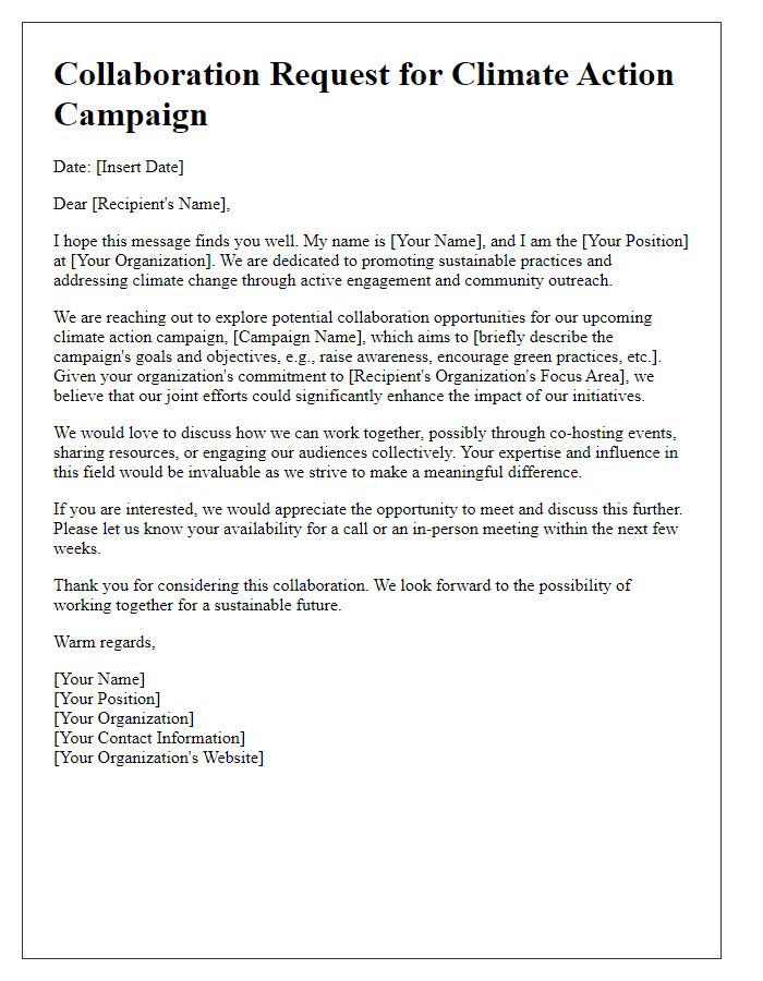 Letter template of collaboration request for a climate action campaign.