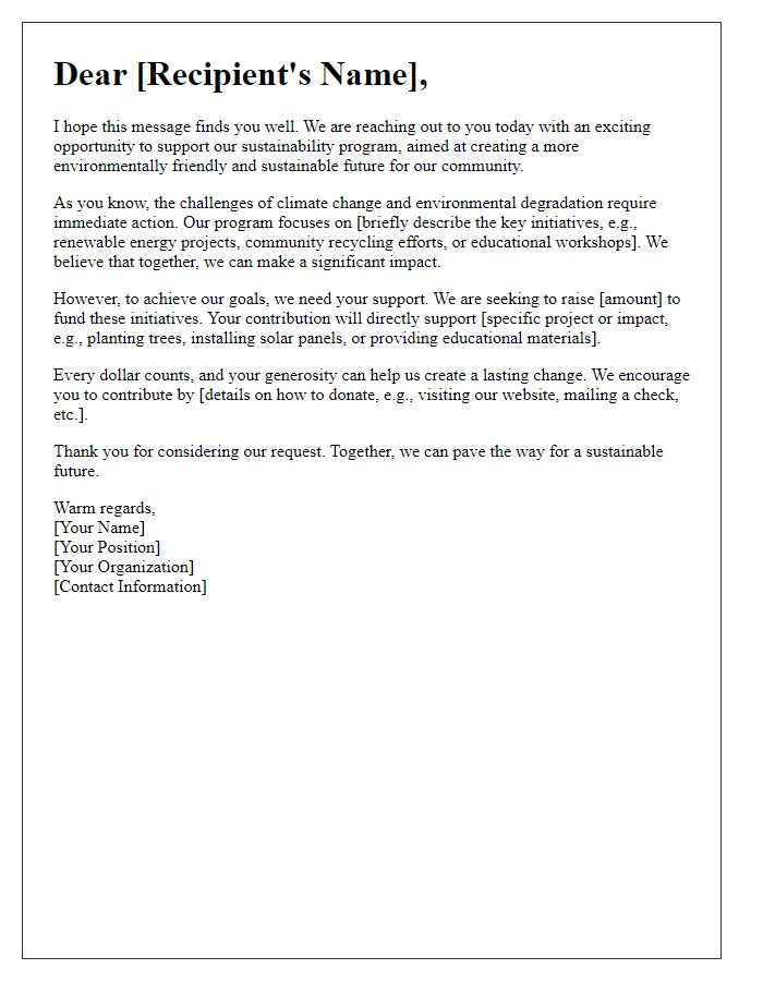 Letter template of fundraising appeal for a sustainability program.