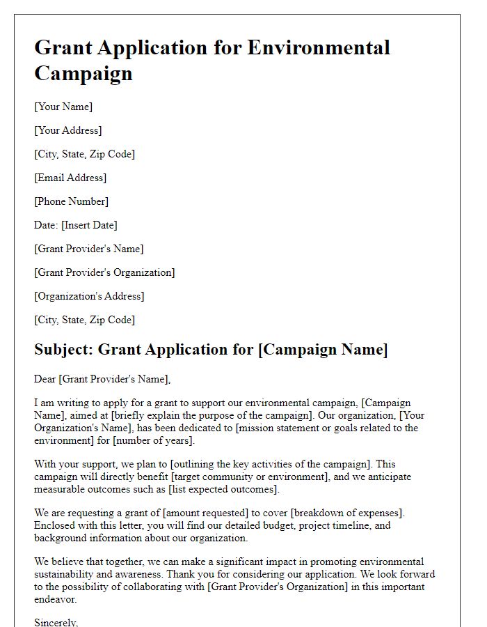 Letter template of grant application for an environmental campaign.