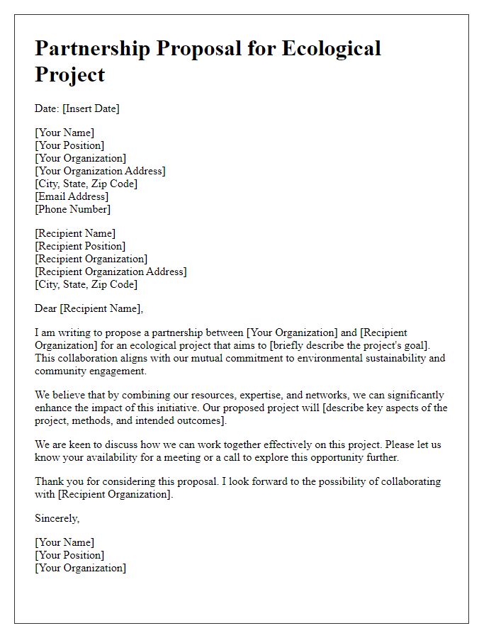 Letter template of partnership proposal for an ecological project.