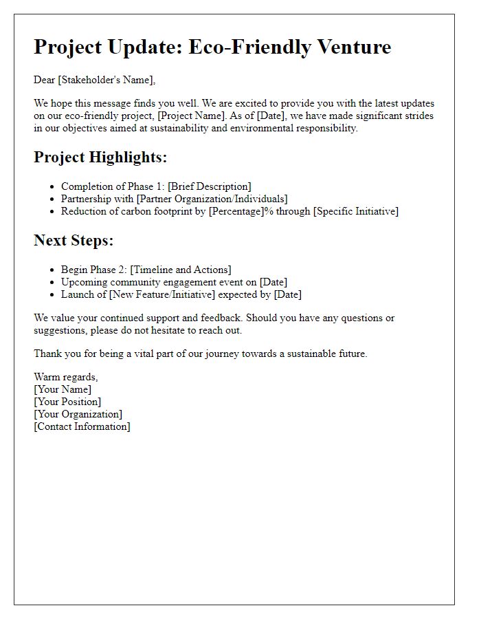 Letter template of project update to stakeholders in an eco-friendly venture.