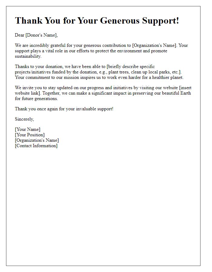 Letter template of thank you to donors for supporting environmental work.