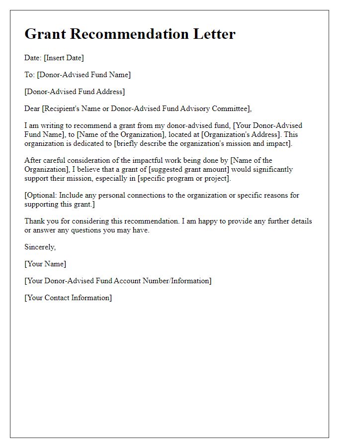 Letter template of donor-advised fund grant recommendation