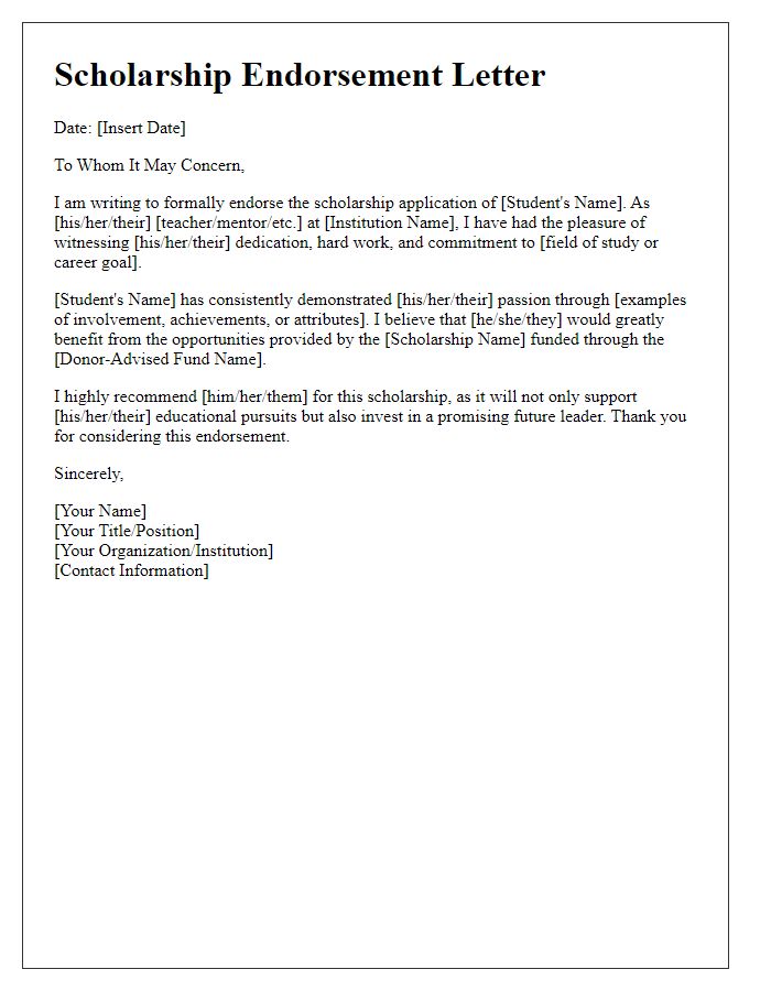 Letter template of donor-advised fund scholarship endorsement