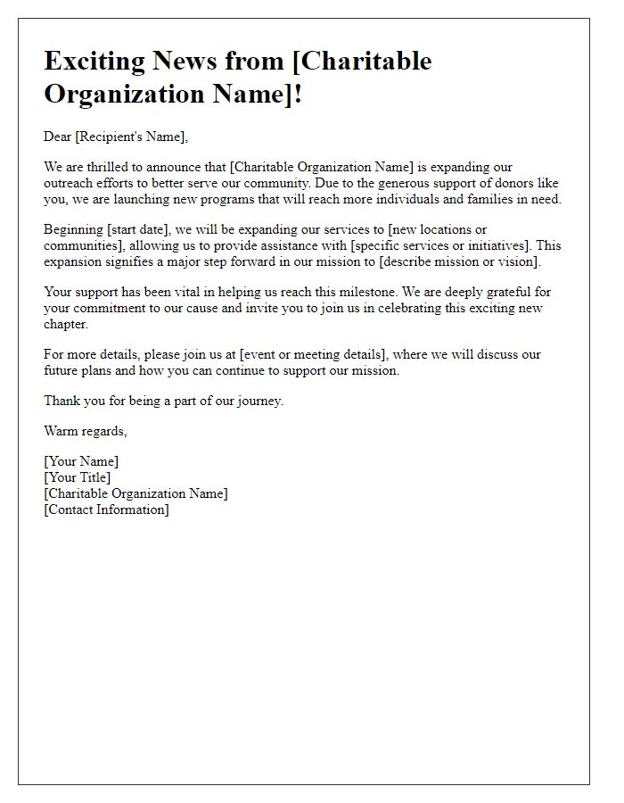 Letter template of charitable organization expansion news.