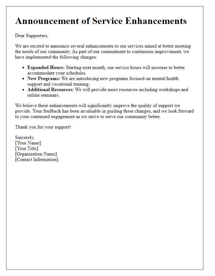 Letter template of nonprofit service enhancement announcement.