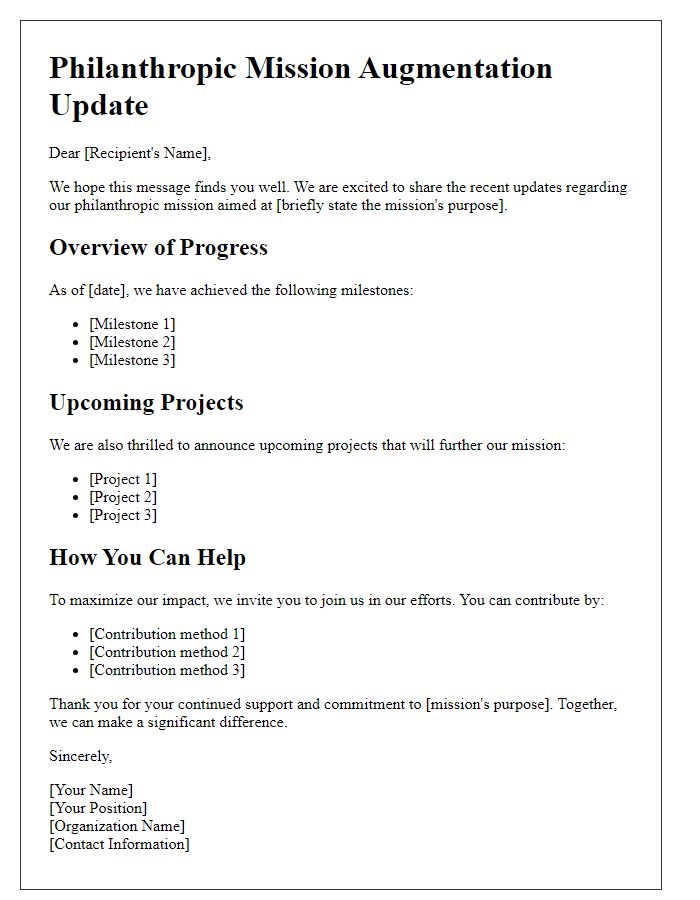 Letter template of philanthropic mission augmentation update.