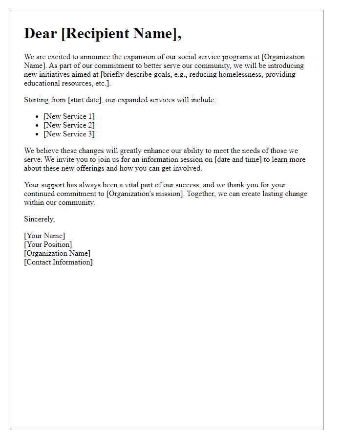 Letter template of social service expansion communication.