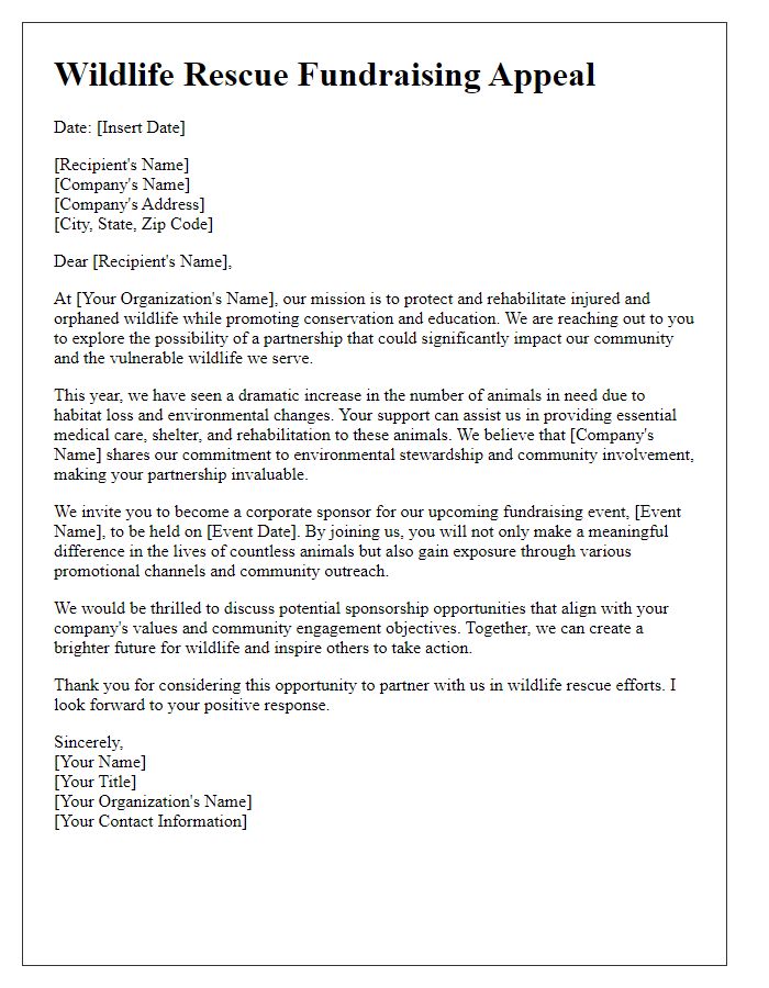 Letter template of wildlife rescue fundraising appeal for corporate sponsorship