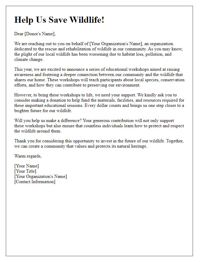 Letter template of wildlife rescue fundraising appeal for educational workshops