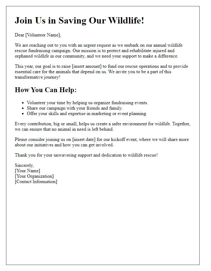 Letter template of wildlife rescue fundraising campaign for volunteer support