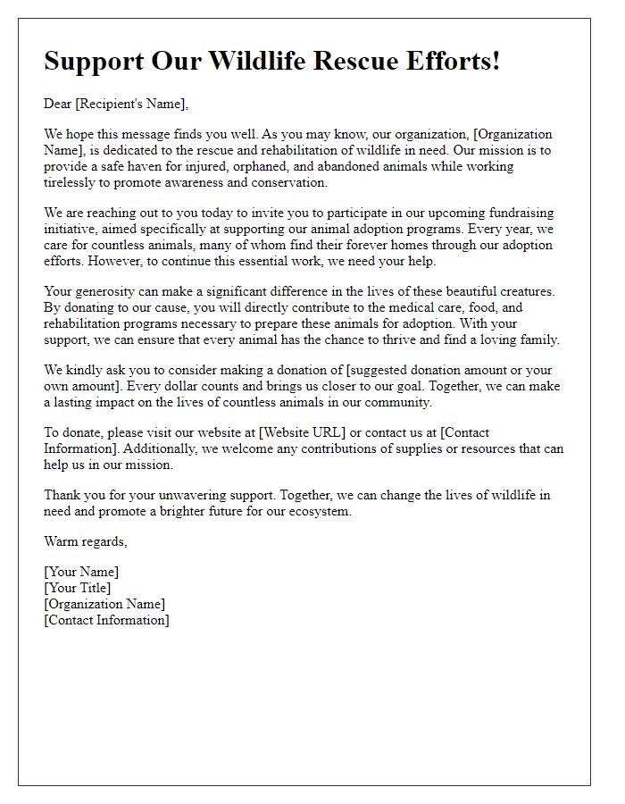 Letter template of wildlife rescue fundraising initiative for animal adoption programs