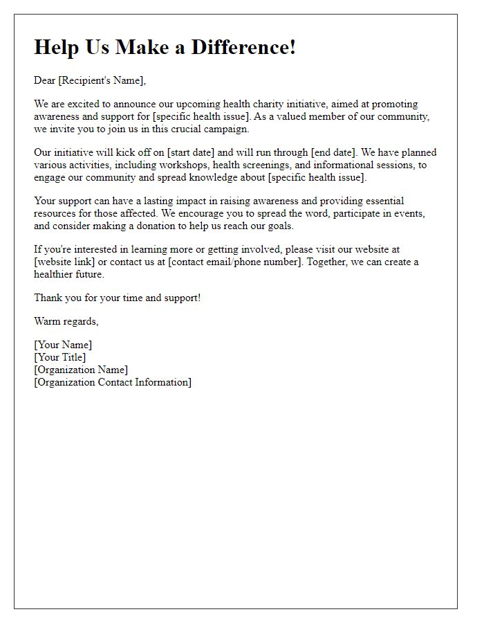 Letter template of awareness campaign for health charity initiative