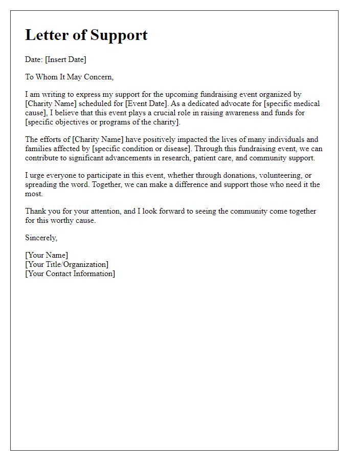 Letter template of support for medical charity fundraising event