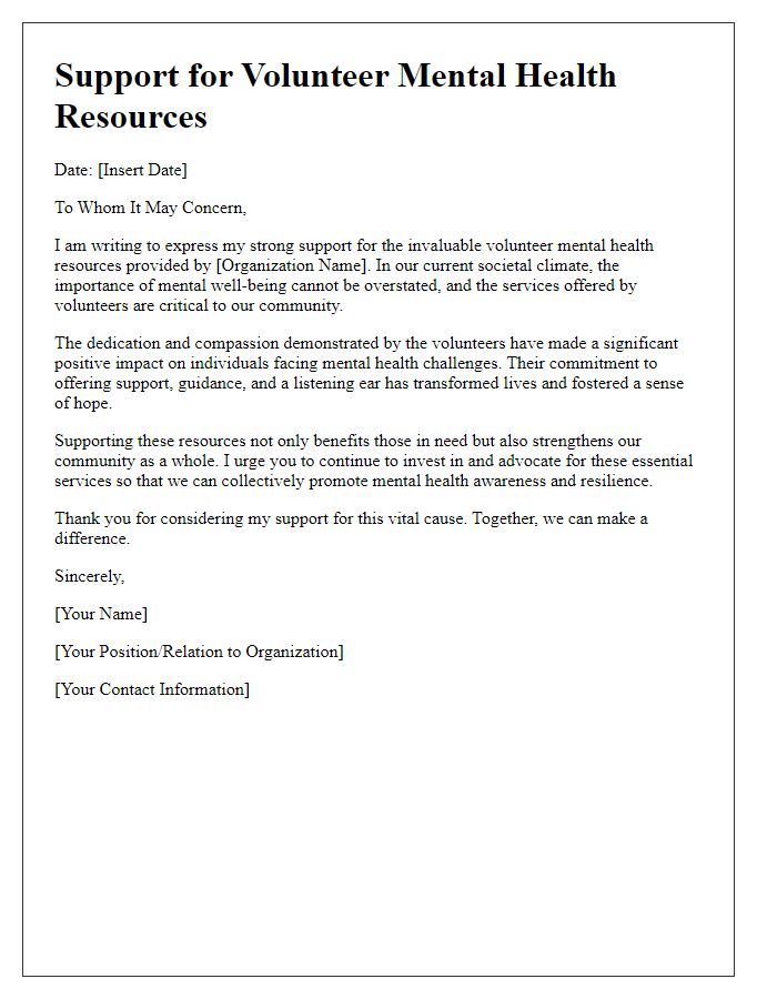 Letter template of support for volunteer mental health resources.