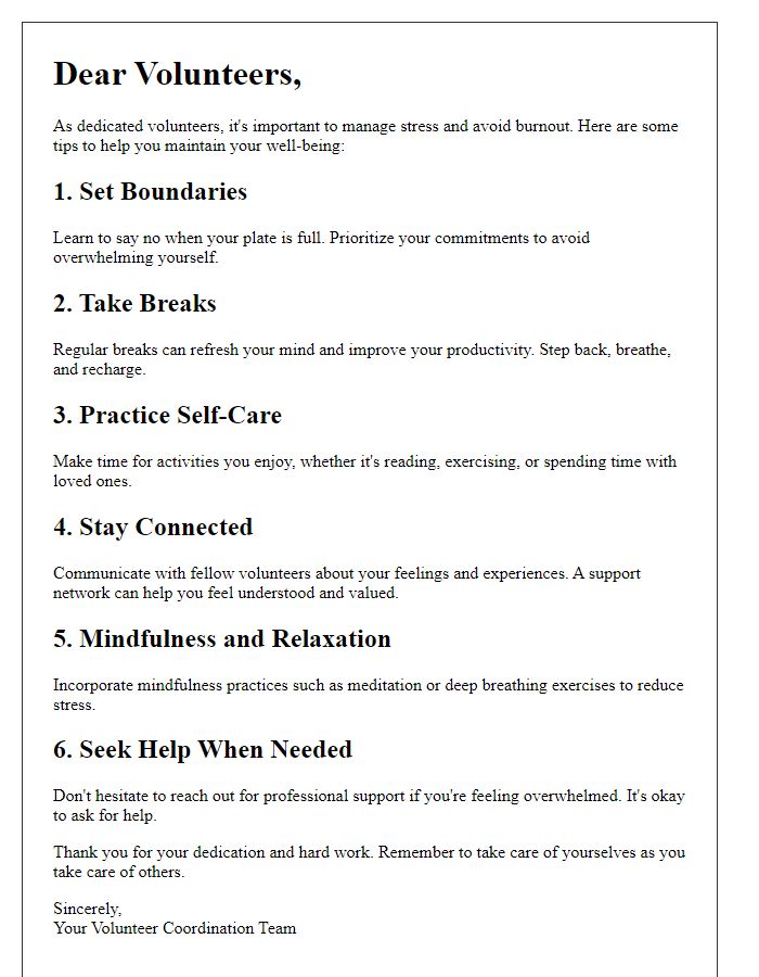 Letter template of tips for volunteers on managing stress and avoiding burnout.