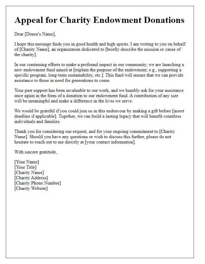 Letter template of appeal for charity endowment donations