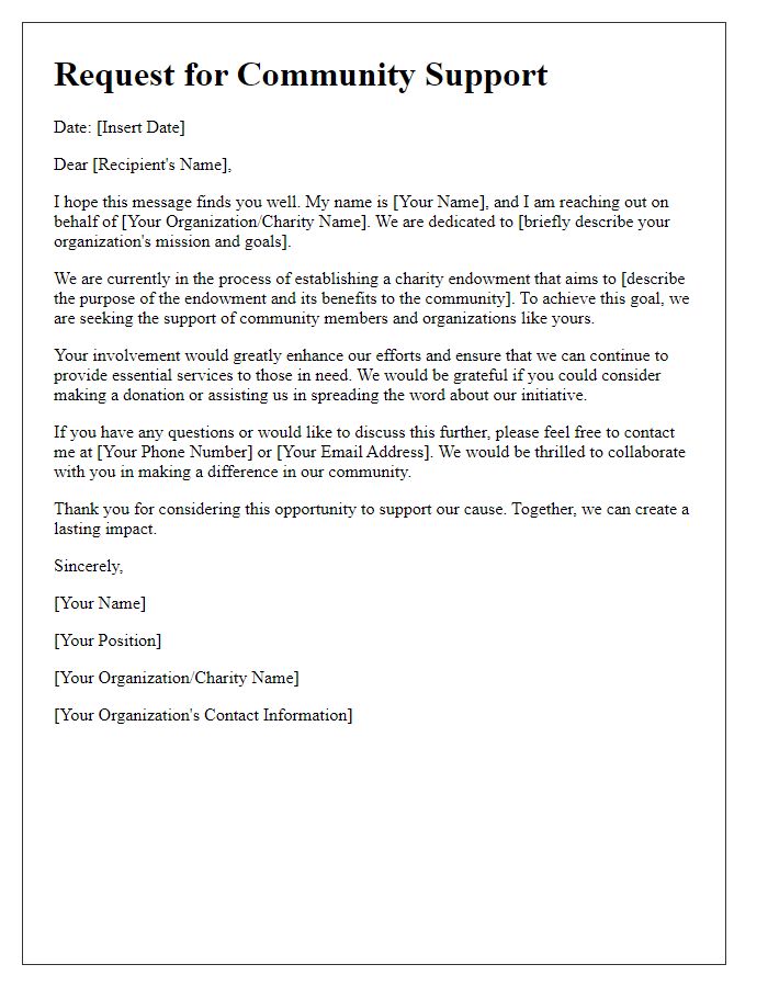 Letter template of community support request for charity endowment