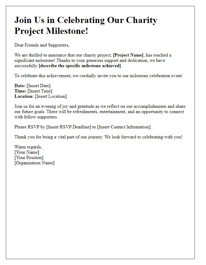 Letter template of announcement for charity project milestone celebration