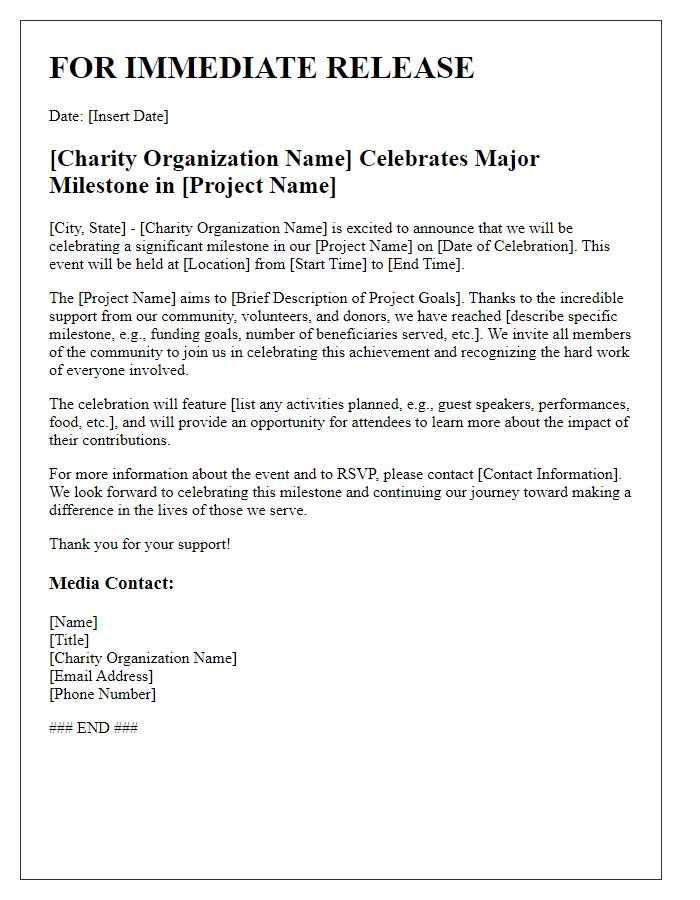 Letter template of media release for charity project milestone celebration