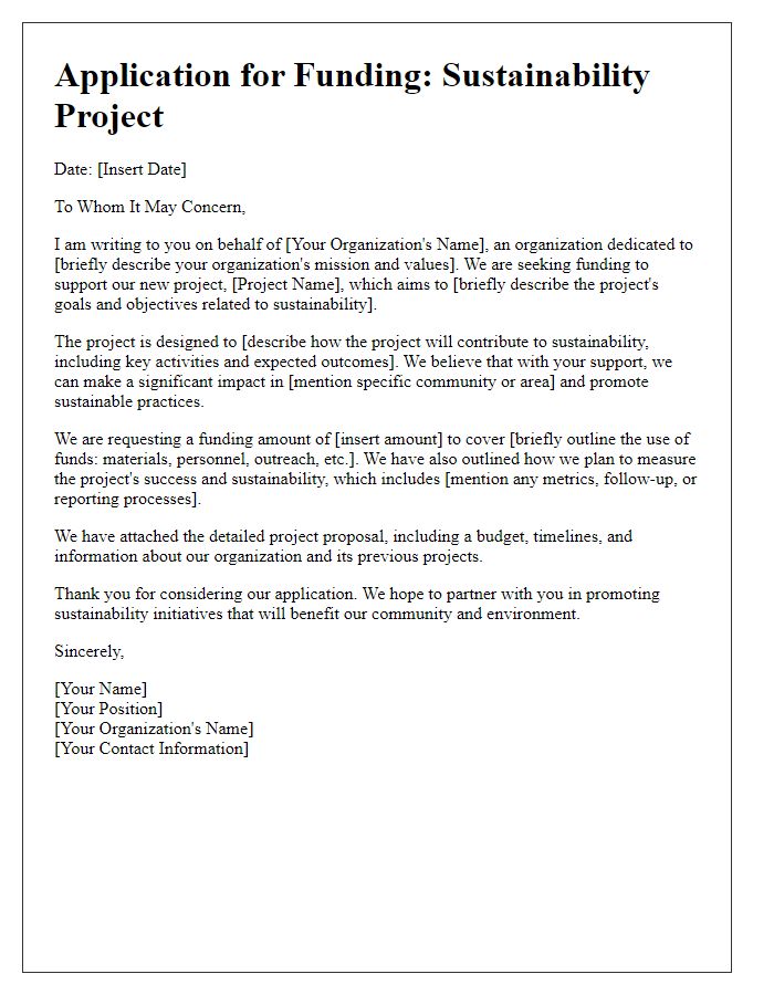 Letter template of application for funding for sustainability projects.