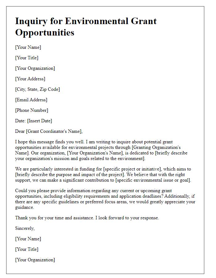 Letter template of inquiry for environmental grant opportunities.