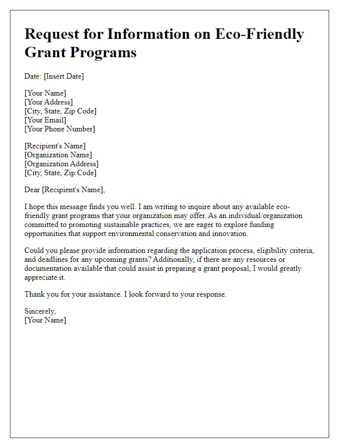 Letter template of request for information on eco-friendly grant programs.