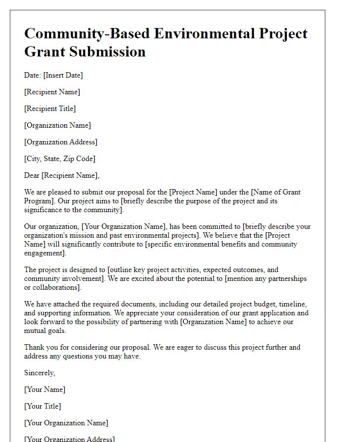 Letter template of submission for community-based environmental project grants.