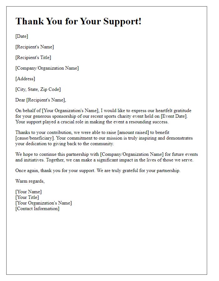 Letter template of appreciation for sports charity event sponsorship.