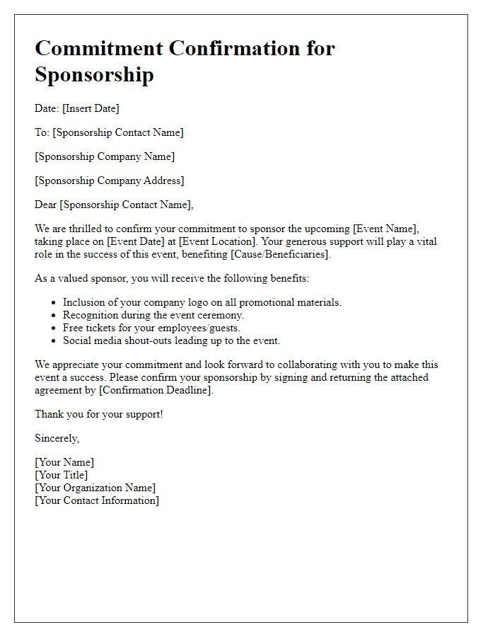 Letter template of commitment confirmation for sports charity event sponsorship.