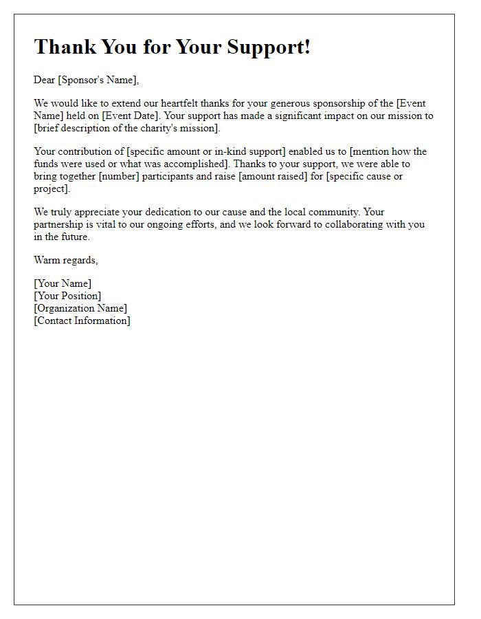 Letter template of event sponsorship acknowledgment for sports charity.