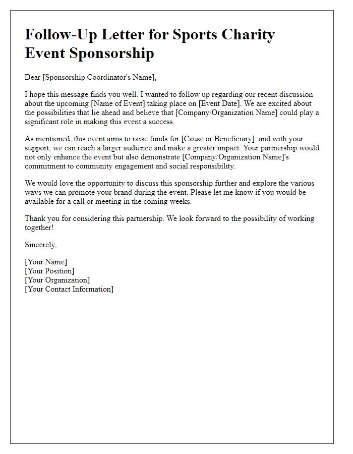 Letter template of follow-up for sports charity event sponsorship.