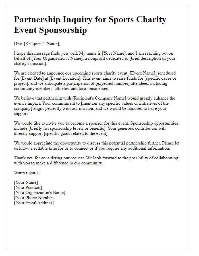 Letter template of partnership inquiry for sports charity event sponsorship.