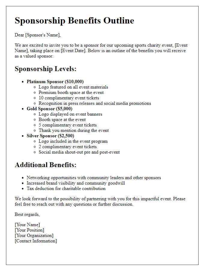 Letter template of sponsorship benefits outline for sports charity event.