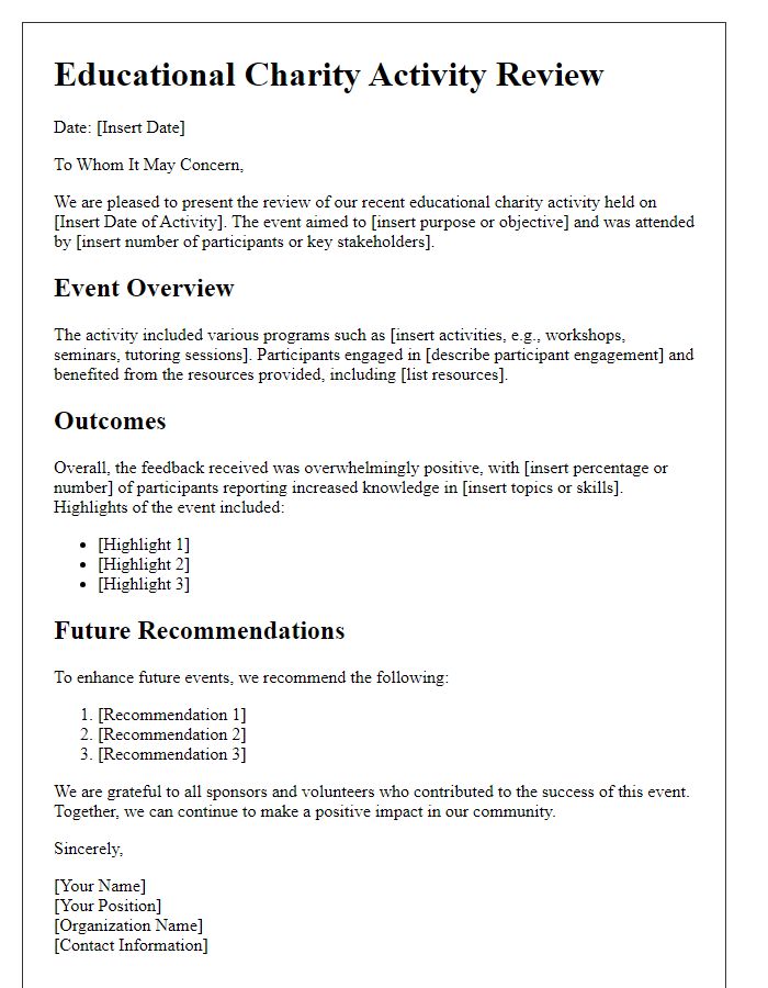 Letter template of educational charity activity review