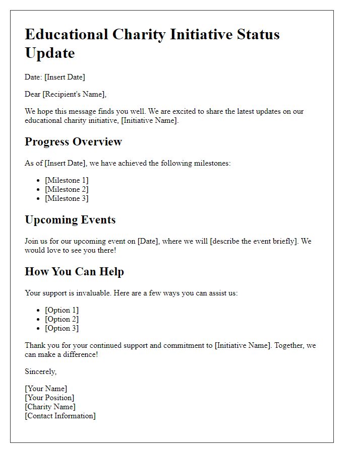 Letter template of educational charity initiative status update