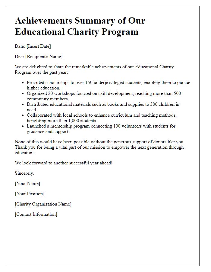 Letter template of educational charity program achievements summary