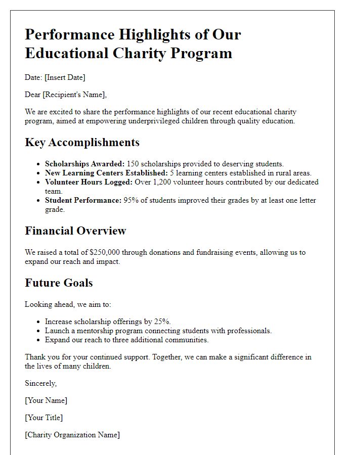 Letter template of educational charity program performance highlights